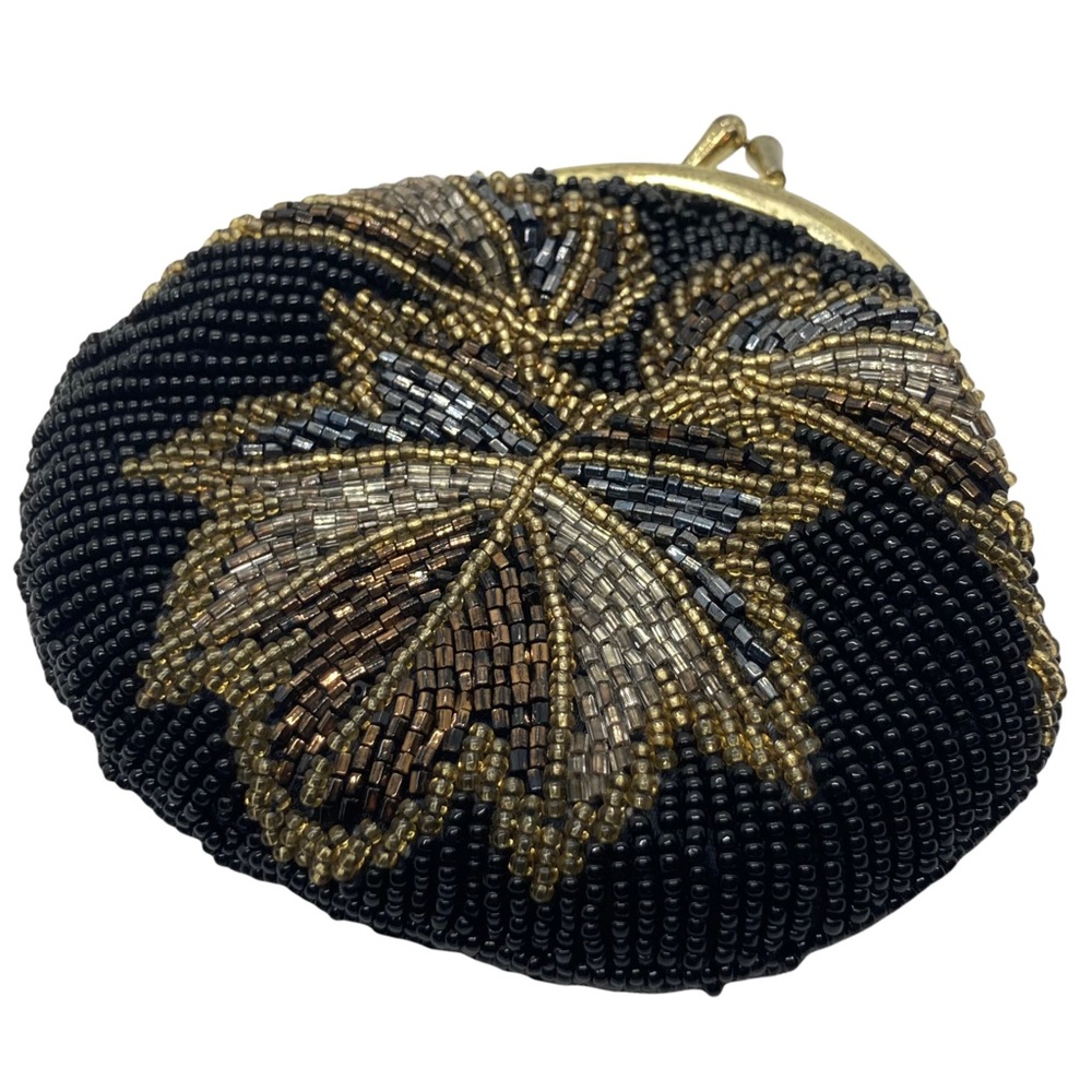 VTG Lindsey Blake Beaded Kiss Lock Coin Purse Gold & Black Leaf